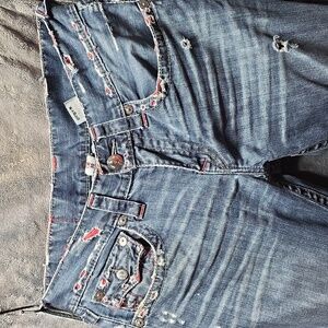 True Religion High Rise Blue Jeans with Red Accents for MEN - Size 30